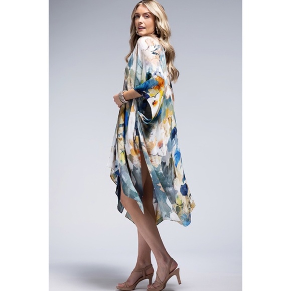 Monica Floral Watercolor Spring Summer Open Wrap Women's Casual One Size Kimono - Picture 5 of 6